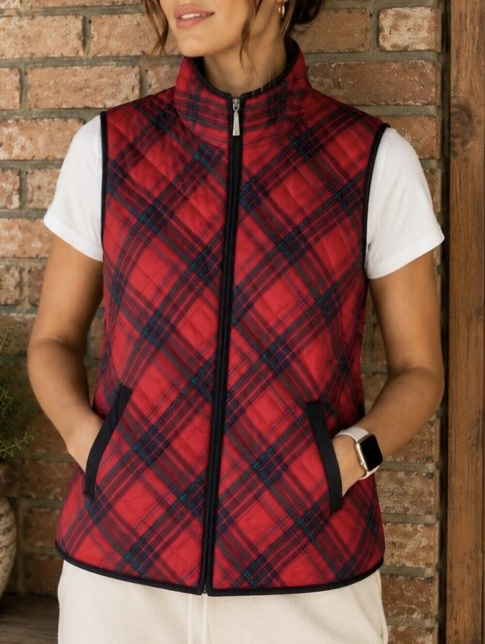 Karen Scott Sport Red Plaid Quilted Puffer Vest 1X Buffalo Check Preppy